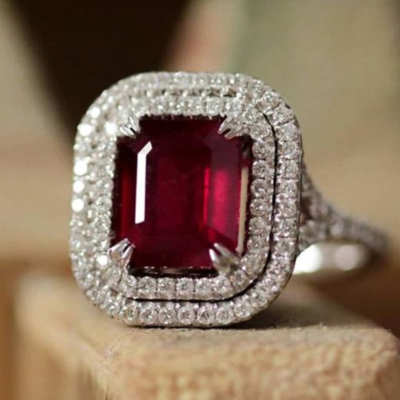 Jewelry - Radiant Cut CZ Ruby Gemstone 925 Silver Plated Vintage Ring for Women, L005